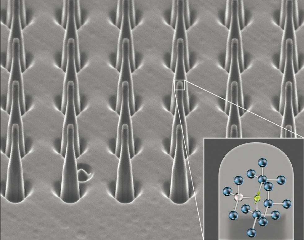 Fraunhofer IAF develops diamond tips with built-in NV centers for use as semiconductor-based qubits.