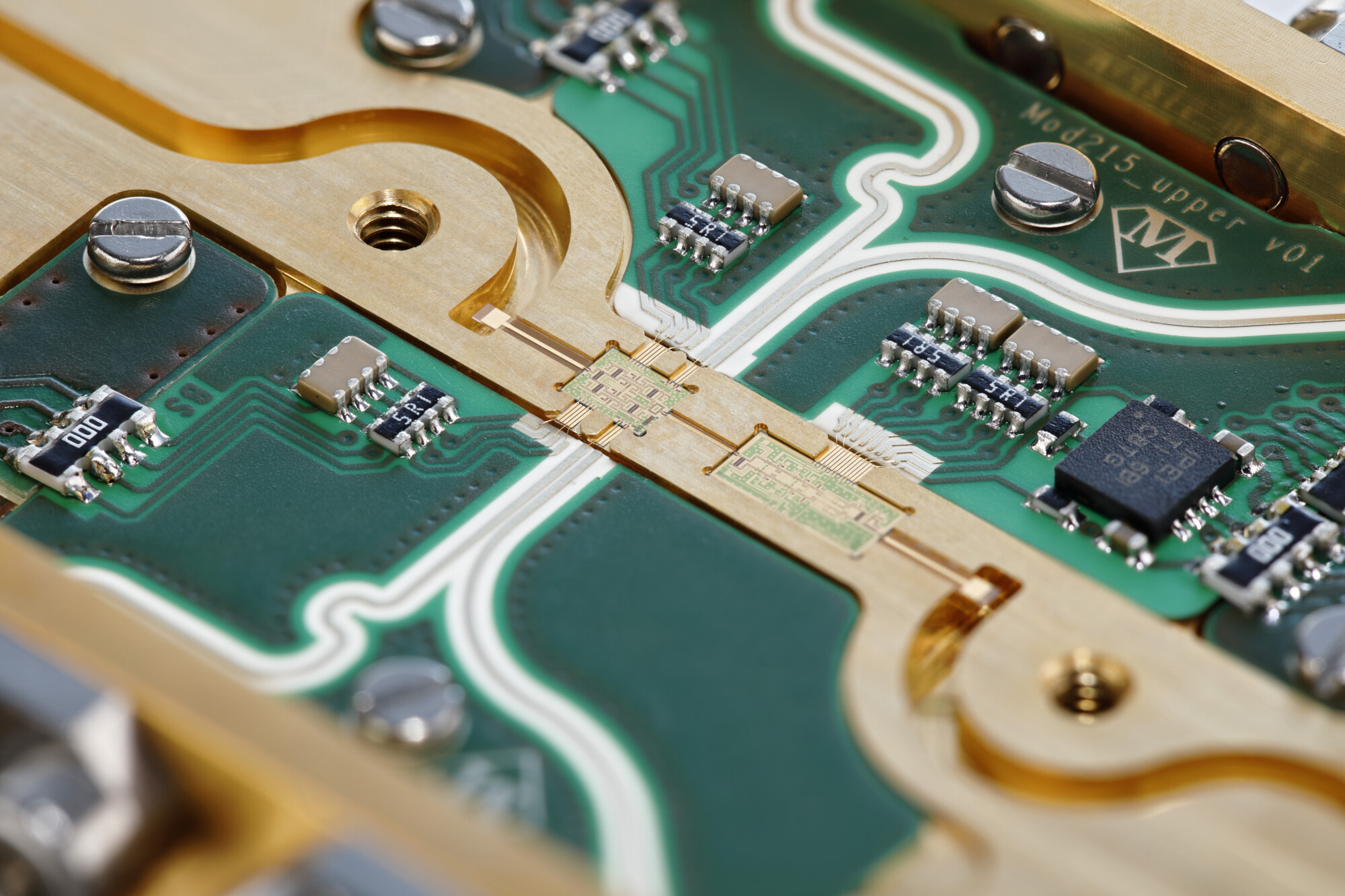 mHEMT-based E-band transmitter module for high-bit-rate satellite communication Close up mHEMT-based E-band transmitter module for high-bit-rate satellite communication.